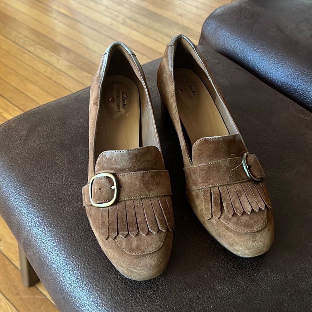 Brown suede, Clark’s unstructured heels, so darling